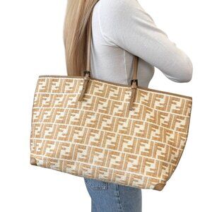 FENDI Vintage Zucca Straw Shoulder Tote Bag Beige Cream FF Logo Raffia [105689]